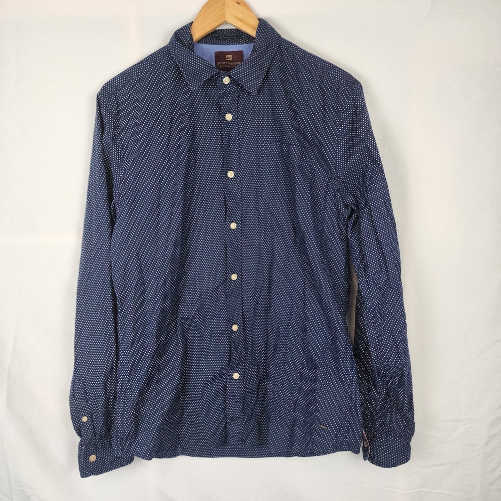Scotch & Soda Retro De Luxe Blue Polka Dot Button‎ Front Shirt Men's Size Large